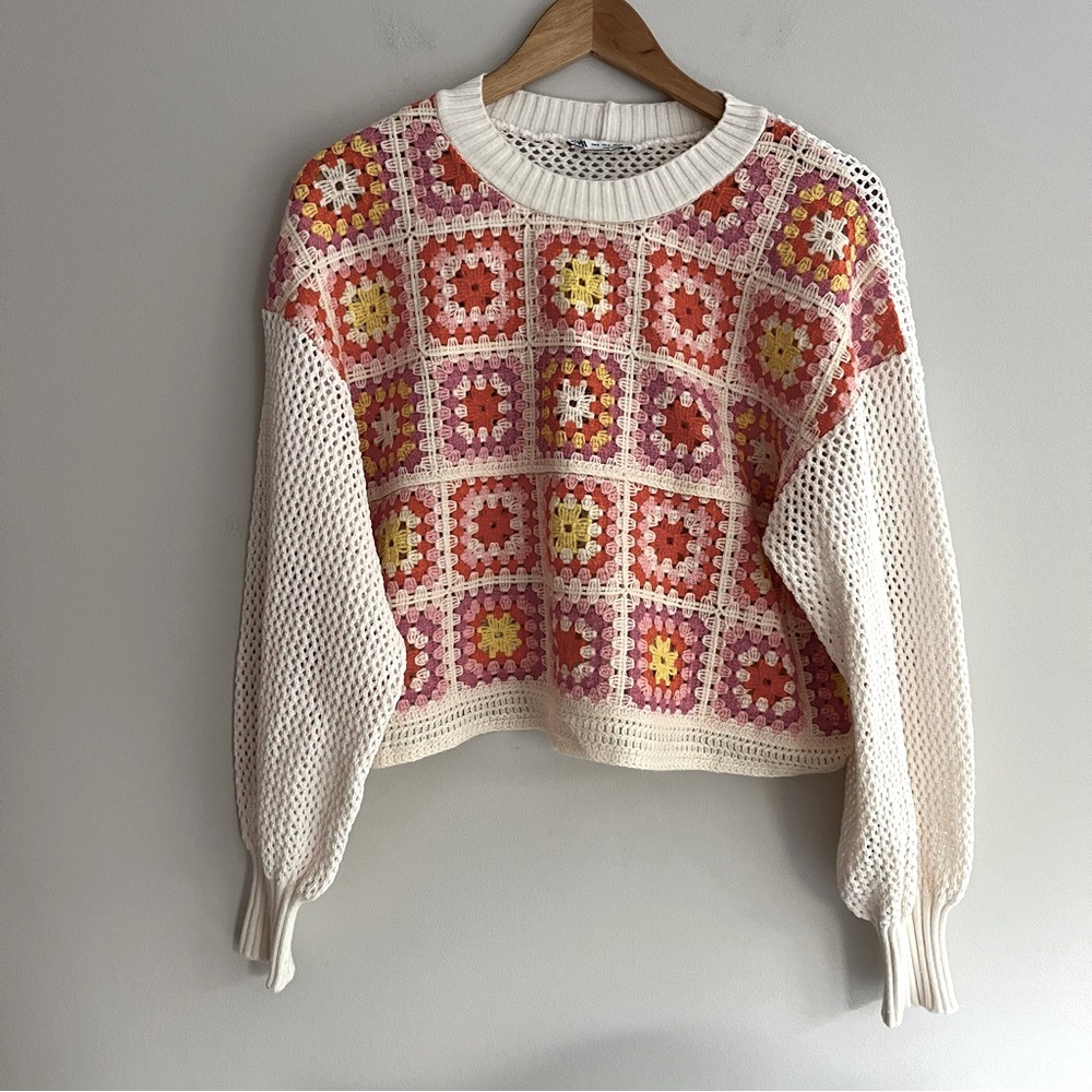 Zara Multicolor Crochet Cropped Oversized Women's Sweater Small